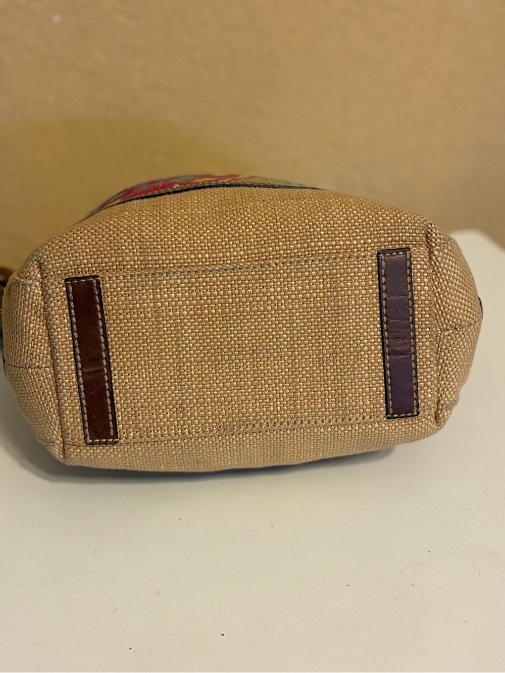 Vintage Fossil Boho Canvas Leather Shoulder Bag Floral Wood Key Charm Purse Y2K - Picture 5 of 16